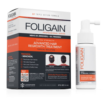 علاج FOLIGAIN الموضعي للرجال بتركيز 5% مينوكسيديل و5% TRIOXIDIL، مع العلبة وزجاجة الرش.