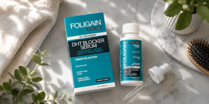 علبة وزجاجة وقطّارة سيروم FOLIGAIN DHT على سطح رخامي بجانب فرشاة شعر.