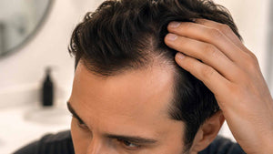 رجل يرفع شعره لتفحص خط الشعر المتراجع.
