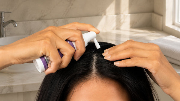 امرأة تفرق شعرها وتضع علاج FOLIGAIN الموضعي على فروة رأسها.