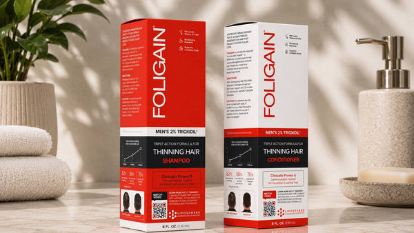 علب شامبو وبلسم FOLIGAIN للرجال بتركيز 2% من TRIOXIDIL.