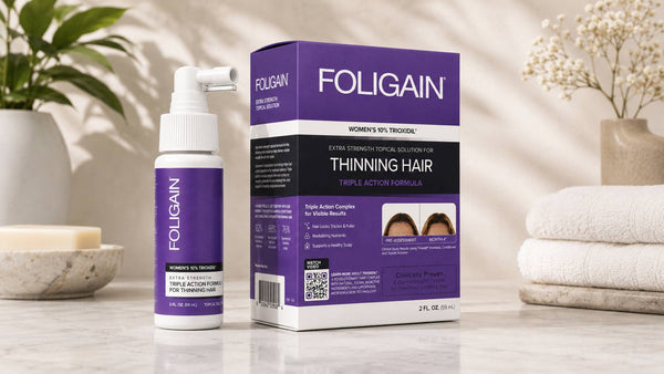 علاج FOLIGAIN الموضعي للنساء بتركيز 10% من TRIOXIDIL، الزجاجة والعلبة.