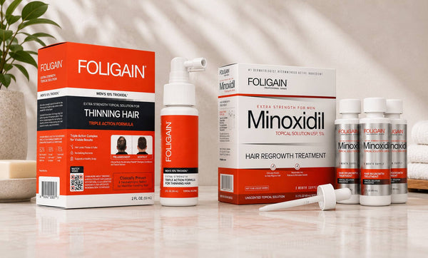 علاج FOLIGAIN الموضعي للرجال بتركيز 10% من TRIOXIDIL بجانب مجموعة مينوكسيديل بتركيز 5%.