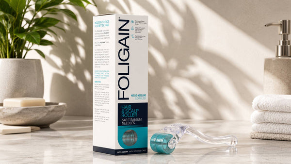 رولر FOLIGAIN للشعر وفروة الرأس مع علبته على سطح منضدة الحمام.