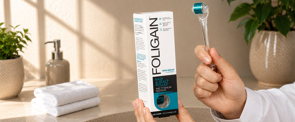 يدان تحملان رولر FOLIGAIN للشعر وفروة الرأس وعلبته.