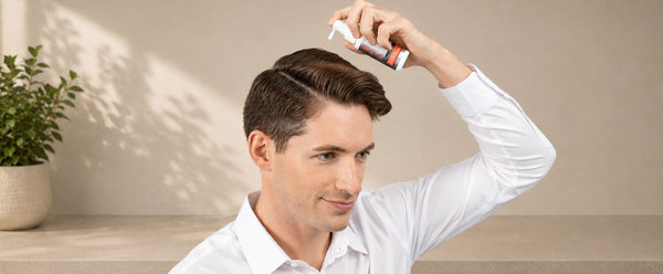 رجل يحمل أداة رش موضعية من FOLIGAIN فوق شعره.