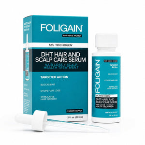 سيروم FOLIGAIN DHT للعناية بالشعر وفروة الرأس بتركيز 12% من TRICHOGEN، زجاجة بحجم 60 mL وعلبة وقطّارة.